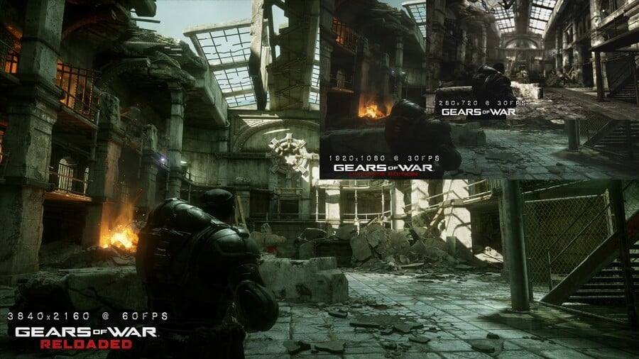 Comparative collage showing different visual modes and the Gears of War: Reloaded logo