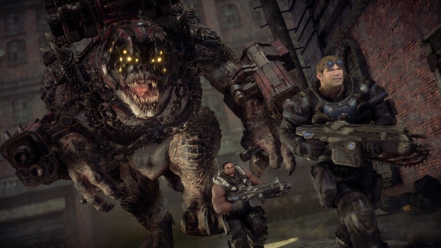 Two Gears soldiers flee from a giant Locust beast in Gears of War: Reloaded