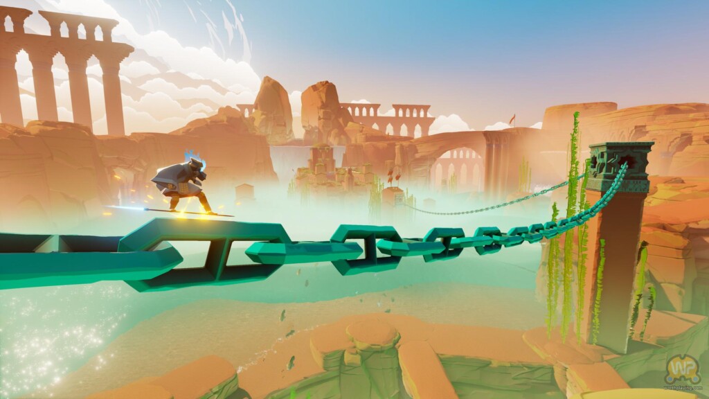 The Wraith glides along a chain bridge over a canyon in Sword of the Sea
