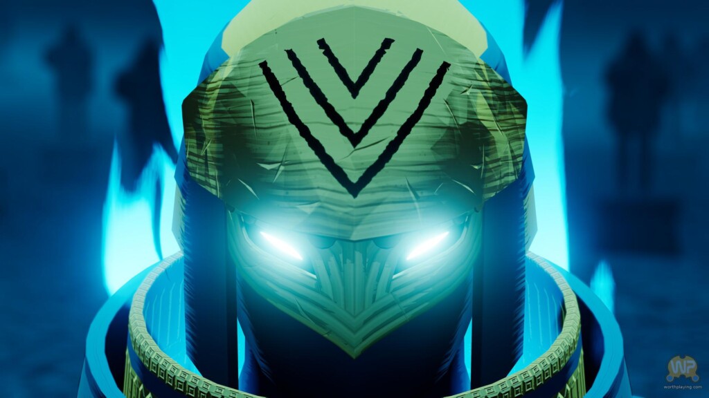 Close-up of the Wraith's helmet with glowing eyes and triangular markings in Sword of the Sea
