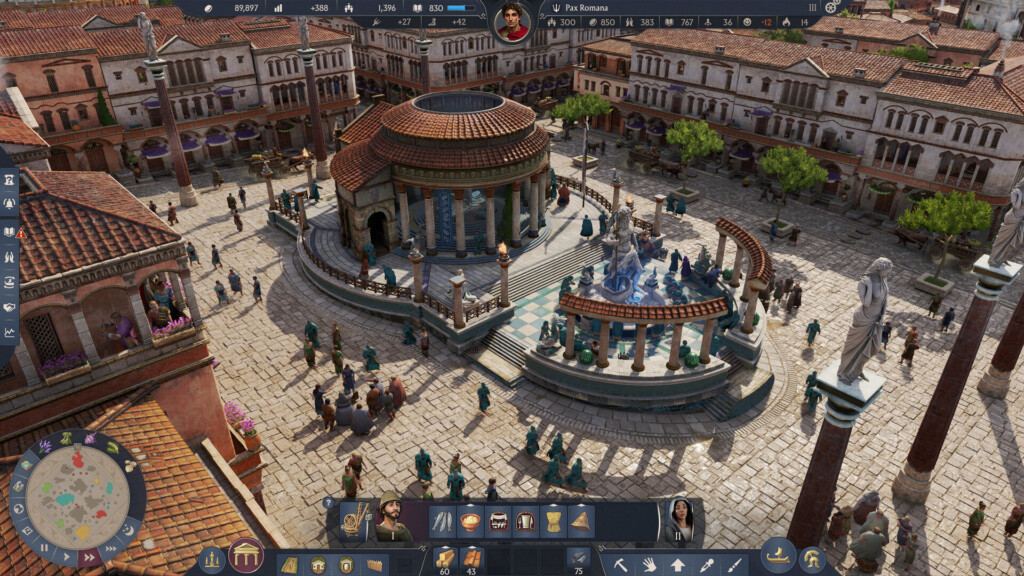 Bustling Roman plaza with statue fountain in Anno 117: Pax Romana