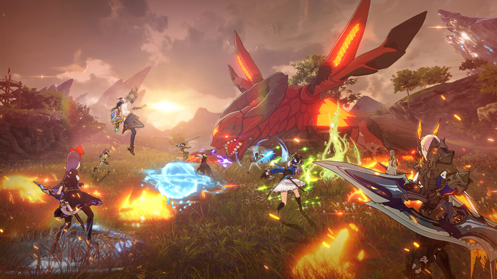 An anime party battles a colossal red monster with spells and swords