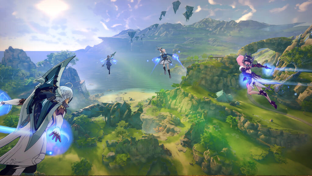 Players soar above Regnus using flight gliders, overlooking verdant valleys and floating islands