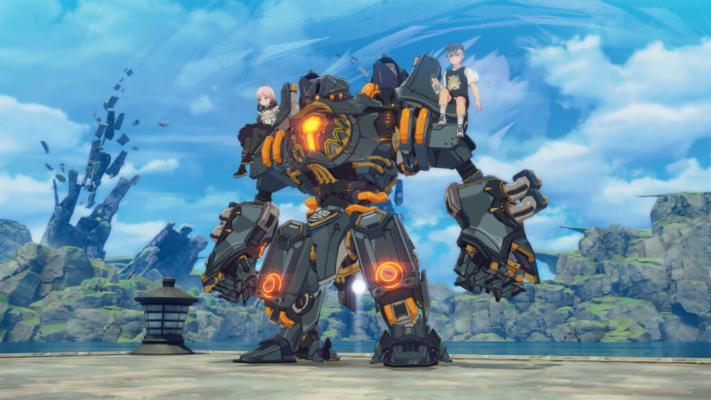 Adventurers confront a towering mech in a dusty field