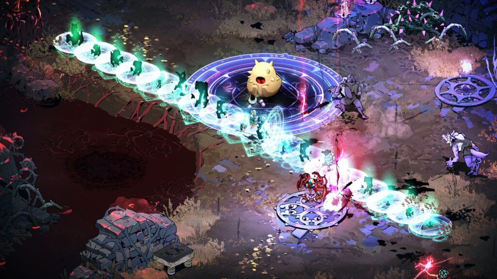 Melinoë casts a glowing circular spell while wolves and a cat-like beast attack