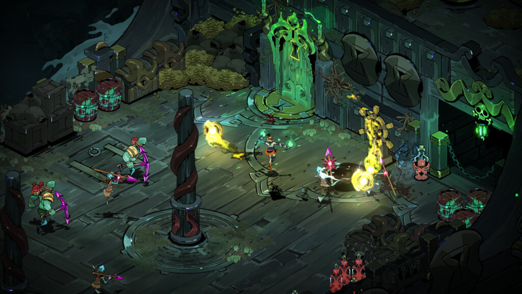 Melinoë fights skeletal pirates inside a treasure‑filled dungeon with a glowing green door