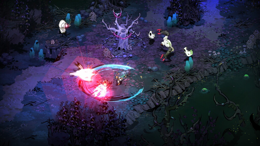 Melinoë unleashes a teal explosion in a shadowy alley as enemies approach.