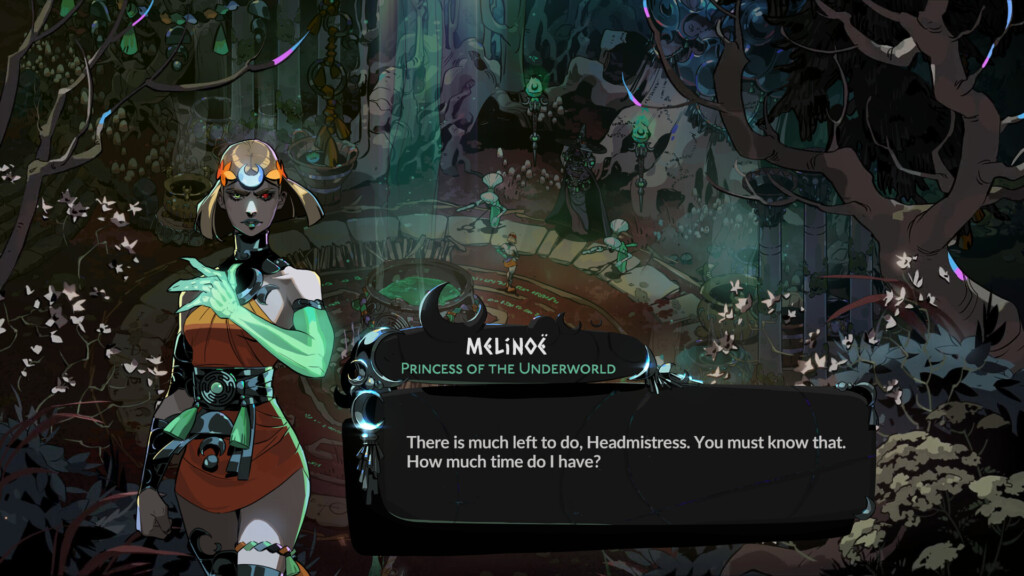 Melinoë speaks with the Headmistress in a cutscene, captioned 'There is much left to do, Headmistress. You must know that.'