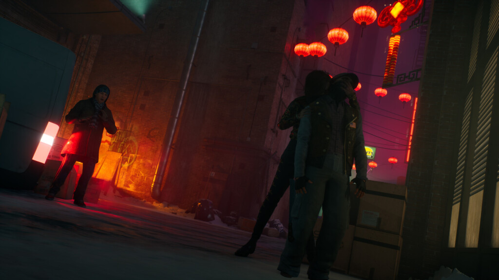 In a snow-dusted Chinatown alley lit by red lanterns, a vampire feeds on a victim while another person looks on.