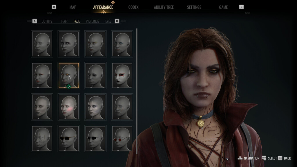 Character customization screen where a female vampire with piercings and a necklace is displayed; face options with scars and piercings are listed in a grid.