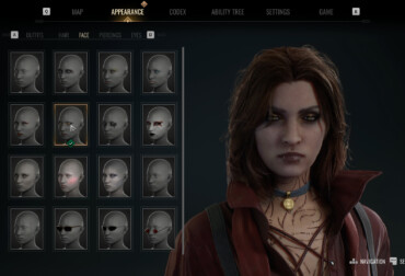 Character customization screen where a female vampire with piercings and a necklace is displayed; face options with scars and piercings are listed in a grid.