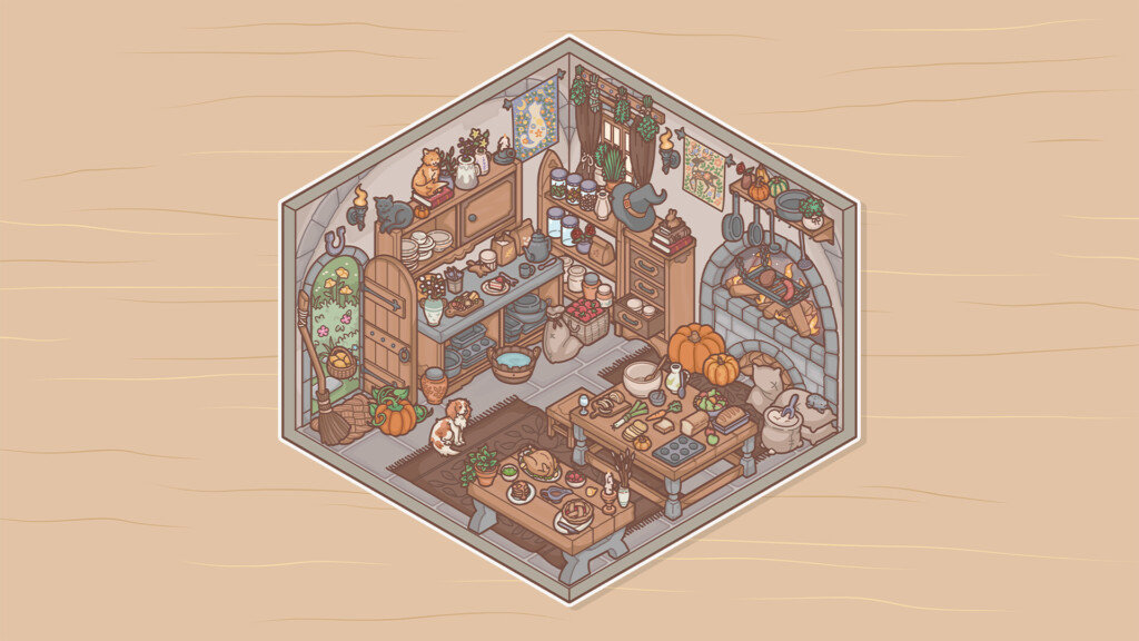 A hexagon diorama shows a cozy kitchen filled with pumpkins, herbs, bread and a small dog; pots hang over a stone fireplace and shelves of ingredients