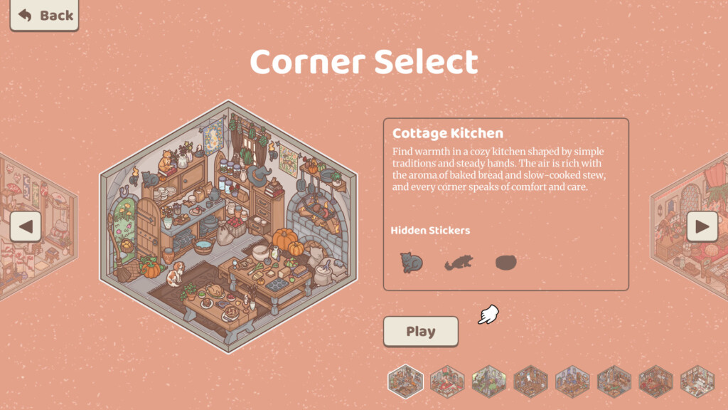 The ‘Corner Select’ menu displays the Cottage Kitchen diorama with description and hidden stickers icons, plus a Play button on a peach background